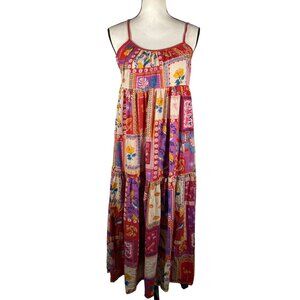 Angie Multicolor Patchwork Floral Maxi Dress Spaghetti Straps Womens Boho Style